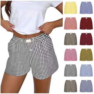 2024 Summer New Women's Casual Confortável Cantura alta Loue Wide perna shorts xadrez F41714