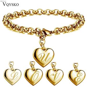 Chain New Gold Color Initial Alphabet Heart Charm Bracelets For Women Stainless steel Link Chain Bracelet With 26 letter EngravedL240417