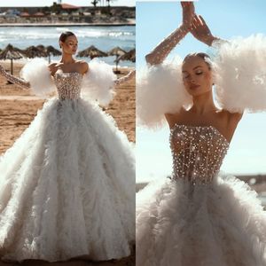 Luxury A Line Women Wedding Dress Ruffles Strapless Sleeveless Bridal Gowns Sequins Pearls Sweep Train Dress Custom Made Without Gloves