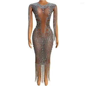 Scene Wear Nightclub Show Dresses Sparkly Silver Crystals Transparent Long Dress Evening Birthday Wedding Celebrate Chain Frings Costume