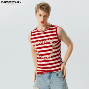 قمم دبابة الرجال Incerun Men Men-Proged Hollow Out Owe-Diveless Fashion Fashion Sets Streetwear Summer 2024 Sexy Clothing S-5XL