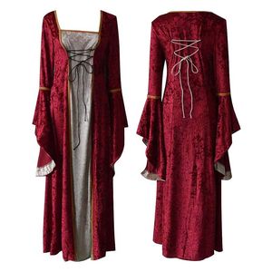 Women's Velvet Front Lace Renaissance Dress Bell Sleeve Robe Medieval Costume Celtic Queen Royal Princess Dress With necklace