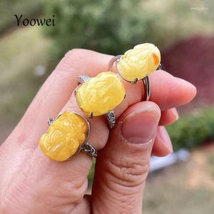 Cluster Rings Real Natural Pixiu Amber For Women S925 Silver Souvenirs Gift Adjustable Animal Shape Stylish Opening Jewelry Anillos