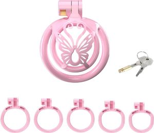 Small Chastity Device Lock Resin Male Chastity Cage with 5 Cock Ring Multiple Styles Sissy Chastity Devices for Men (WX-4,Pink-Plane)