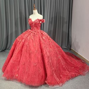 الأميرة الحمراء قبالة كرات الكتف ثوب Quinceanera فستان 3D الزهور الزهور حبات الدانتيل الحلو 16 فستان Vestido de 15 Anos