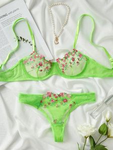Bras Sets Woman 2 Pieces 2024 Lingerie Set Sexy Floral Embroidery Underwear Transparent Lace Short Skin Care Kits Delicate Fairy