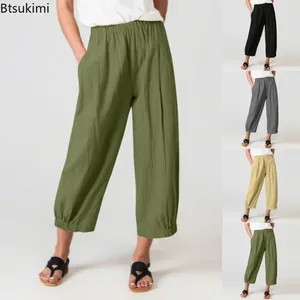 Kvinnors byxor 2024Casual Cotton Linen byxor Kvinnor Solid Löst passande Harlan High midja beskuren kvinnlig breda benjoggare