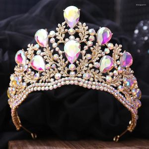 Saç klipsleri barok lüks büyük rhinestone su damlası ab renk kristal gelin tiaras taç başlık pageant diadem düğün aksesuarları