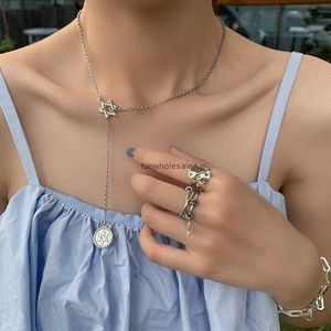 925 Sterling Silver Six Star Round Brand Japanese and Korean Necklace Women Hip Hop Fashion Long Necklace Sweater Chain Chain