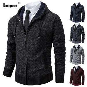 Men's Jackets Ladiguard 2024 Knitting Sweaters Winter Plush Coats Mens Basic Top Cardigans European Style Fashion Plaid Hooded Sweater