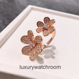 Anéis de designer de ponta para Vancleff S925 Pure Silver New Double Flower Full Diamond Clover Ring Womens Seis Petal Flor Trendy Small Handacraft Original 1: 1