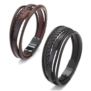 Classic Multi layer Leather Bracelet For Men Vintage Braided rope Wristband Magnetic clasp Mens Fashion Jewelry Gift