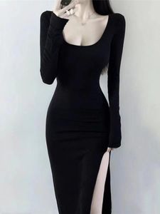 Casual Dresses Fashion Style 2024 Autumn Long Dress Women Solid Color High Waist Slim Fit And Sexy Low Cut Slit