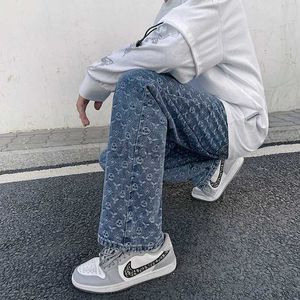 Męskie dżinsy Tfetters wydrukowane męskie 2024 Nowy wzór prostego podnoszenia luźne szerokie nogi Casual Boyfriend Pants Mężczyźni ubrania D240417