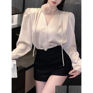 Womens Blouses Shirts Circyy V Neck Blouse Women 2024 Autumn Solid Long Sleeve Loose Shirt Office Ladies Fashion Elegant Designer Drop Otqqh