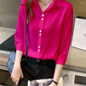 Women's Blouses 2024 Spring Summer Single-breasted Korean Shirts 4XL Female Clothing Casual Three Quarter Sleeve Blouse Solid Color