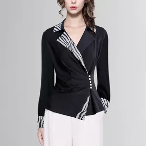 Women's Blouses Luxury Sequined Women' Long Sleeve Lapel Collar Black Shirt 2024 Spring Summer Tops Elegant Asymmetrical Cinched Waist