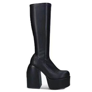 2024 Lady Sheepskin Leather Square 14cm Chunky High Heels Knight Boots Women Half Booties Square Toes Platfor