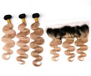 Malaysiska honungsblond ombre mänskliga hår wefts with frontal body wave 1b27 ljusbrun ombre hårbuntar med 13x4 full spets fron5296093