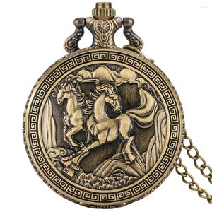 Pocket Watches Old Fashion Double Horses Full Uhre Bronze Halskette Anhänger Uhr Quarz analog Zifferblatt Retro Geschenk Uhr Unisex