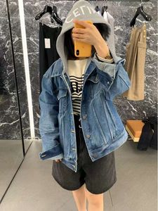 23 Early Autumn New Fashionable Printed Letter Washed Worn Out Versatile Loose And Detachable Hooded Denim Coat