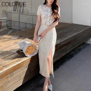 Arbetsklänningar 2024 Spring Summer Collection Clothing High Quality Elegant Beige Lace Top och Midi kjol Två stycken Set Women Outfit