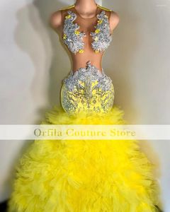 Party Dresses Sparkly Long Prom 2024 Mermaid Yellow Ruffles Handmade Beads Black Girl Gala Dress Formal Gowns