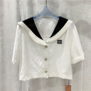 Naval Style T Shirts Tees With Shawl Womens White Shirt Design Embroidered Letter Short Style Tops