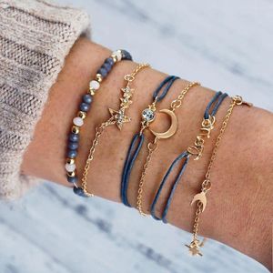 Charm Bracelets 6 Pcs/set Gold Color Vintage Crystal Star Moon Pendant Bracelet Letter Gem Beads Rope Bangles For Woman