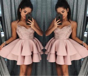 Newest Dusty Rose Short Homecoming Dresses 2018 Fall Spaghetti Straps A Line Layers Cocktail Dress Lace Sequins Mini Prom Gowns BA3936477