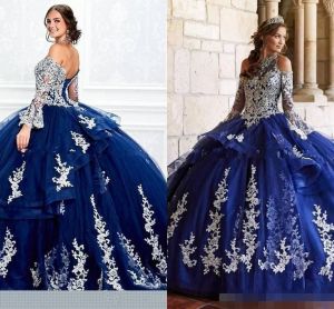 2024 Navy Blue Quinceanera Dresses Halter Long Poet Sleeves Halter Backless Soe Up Appliced ​​Birthday Party Prom Ball Gown Custom Made
