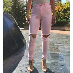 Kvinnors jeans god kvalitet mode hög midja mager femme stretch rosa/vita/svarta byxor denim med fickor rippade kvinnor