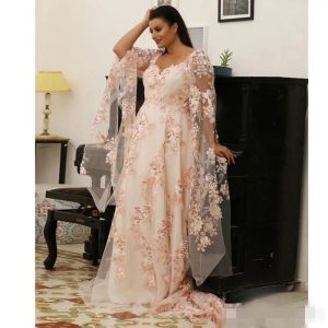 Pink Plus Size Veal Saltes V Deck Juliet Sleeves 3D Floral Habilique Made Sweep Train Tulle Dortial Prom Party Ball Ball Downs