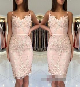 2018 Cheap Blush Pink Homecoming Dresses Lace Appliques Short Mini Spaghetti Straps Sashes Sheath Sweetheart Party Graduation Cock1589290