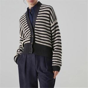 Kvinnors stickor b/c varumärke bomull Engelska rib cardigan med bländande ränder långärmad stickkläder lyxdesign tappade axeltröja kvinnor