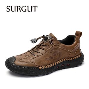 SURGUT Fashion Leather Men Casual Shoes Handmade Breathable Cowhide Man Board Soft Working shoes 240407