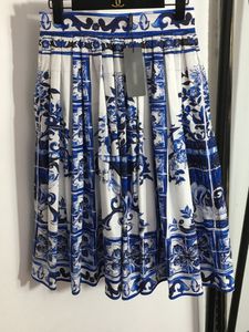 Runway Fashion Summer Blue and White Porcelain Print Rock für Frauen hohe Taille Plisekolut