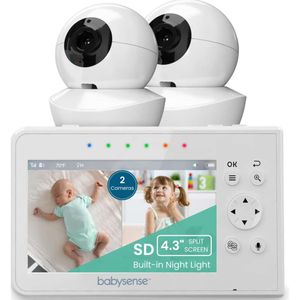Håll kontakten med Babysense Baby Monitor 43s - Split Screen Video Baby Monitor med två kameror, fjärr PTZ, 960ft Range, Night Light, Two -Way Audio, Zoom, Night Vision
