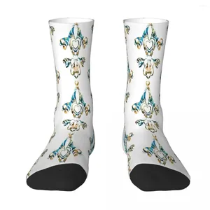 Men's Socks Vector Graphic Filled With Alcohol Ink Texture In Blue And Gold Fleur De Lis Sock Men Women Polyester Stockings