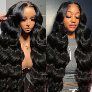 Cabelo brasileiro 30 40 polegadas onda corporal 13x4 HD Frontal Transparente 360 Lace Front Glueless Black Synthetic Feching Wig