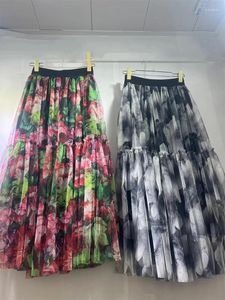 Skirts Retro-printed Gauze Floral Skirt With High Waist And Pleated In Spring Autumn Slim Long A-shaped Petticoat.