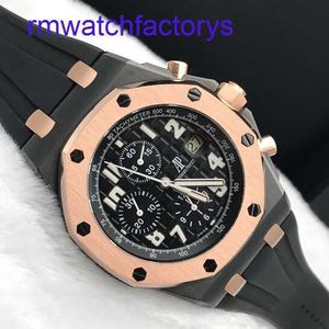 Minimalista AP Wrist Watch Royal Oak Offshore Series Automático Máquinas de 42mm Hora e Data Display Mens relógio de ouro rosa Precision Atualizou a placa preta 26170ST