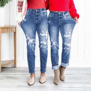 Jeans womans casual hip hop street dritto a metà ascesa roll -up buco strappato a matita vintage per donne 2024