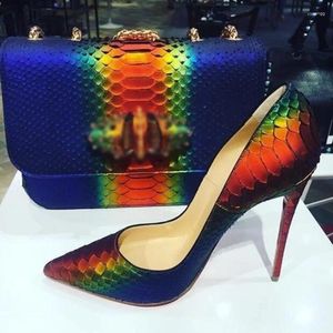 Sukienka buty opalizujące węża węża na wysokim obcasie pompki Python drukowane mieszane kolory Patchwork 12cm szpilki szpilki impreza bankietowa