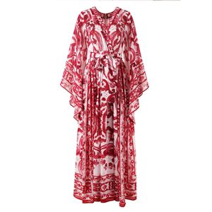 Runway Designer Long Maxi Dresses for Women Elegant Bohemian Style Silk Chiffon Dress Batwing Sleeve Vintage Floor Length Party Vacation Dress Vestidos Blue Red