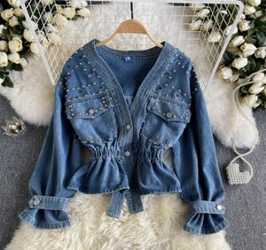 Autumn Vintage Denim Osterwear Women Women039s Trench Coats Design Disele perle a petto singolo Trote di moda Corea Streetwear Short2740497