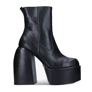 2024 Lady Sheepskin Leather Square 14cm chunky High Heels Cheels Boots Women Half Booties Square Toes Platfor