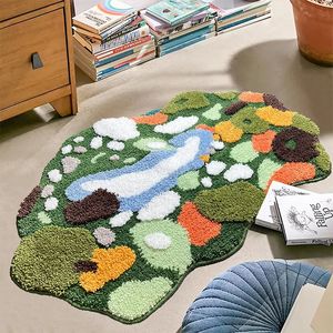 Luxury Green Moss Style Turfting Rugs Irregular Moss Carpet Landscape Rug Patio Nordic Fluffy Bedside Area Rug Abstract Art Mat 240318