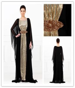 2019 Evening Gowns Black Chiffon Gold Sequins Abayas Arabic Dubai Muslim Kaftan Dresses ALine Crystals Mother of the Bride Evenin9742746