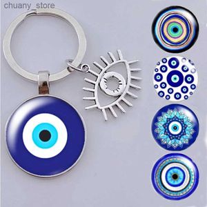 Keychains Lanyards Beautiful Blue Evil Eye religious Photo Round glass keychain Evil Eye pendant keyring Eyelash Big Evil keychains Jewelry gift Y240417